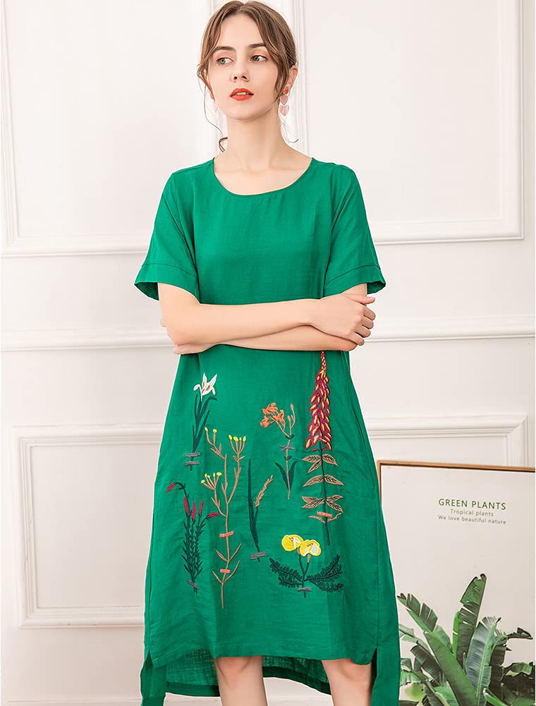 Minibee Women's Embroidered Linen Dress Summer A-Line Sundress Hi Low Tunic Clothing Green L - Image 2